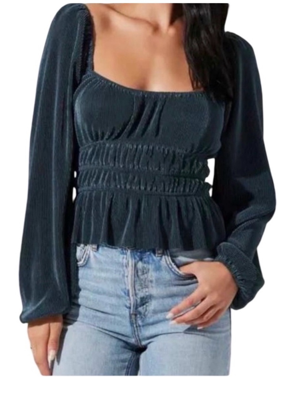 NWT ASTR Smocked Square Neck Long Sleeve Top - Dark Teal